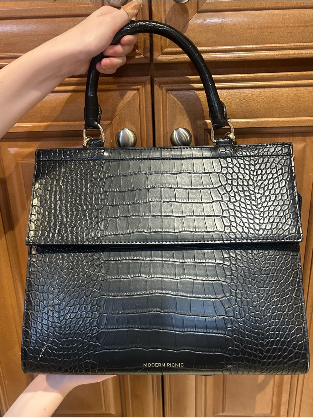 Modern Picnic Black Croc-Embossed Lunch Tote